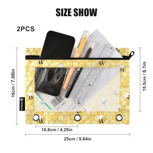 Bees Honeycomb Yellow Pencil Pouch for 3 Ring Binder 2 Pcs Binder Pouches with Zipper Pocket Pencil Case Bag with Clear Window for Office Work School Supplies - color: Bees Honeycomb Yellow