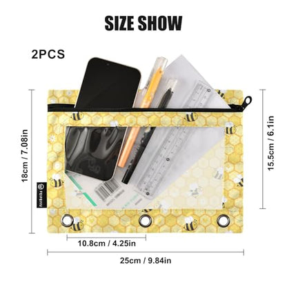 Bees Honeycomb Yellow Pencil Pouch for 3 Ring Binder 2 Pcs Binder Pouches with Zipper Pocket Pencil Case Bag with Clear Window for Office Work School Supplies - color: Bees Honeycomb Yellow