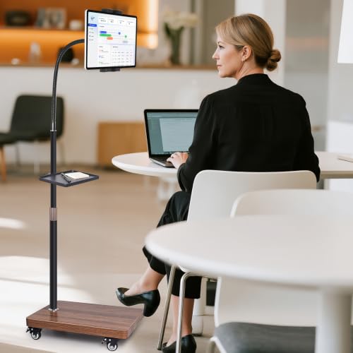 Rolling Tablet Holder Stand Adjustable Height & 360° Rotatable | 6.6LB Wood Base Mobile Tablet Mount, for Bed, Couch, Workout, Compatible with iPad Pro/Air/Mini, Phone (4.7-13")
