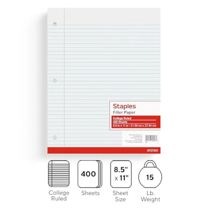 STAPLES College Ruled Filler Paper, 8.5” x 11”, White, 400‑Sheet Pack - size: 8.5'' x 11'', style: 400 Sheets