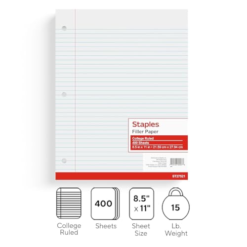 STAPLES College Ruled Filler Paper, 8.5” x 11”, White, 400‑Sheet Pack - size: 8.5'' x 11'', style: 400 Sheets