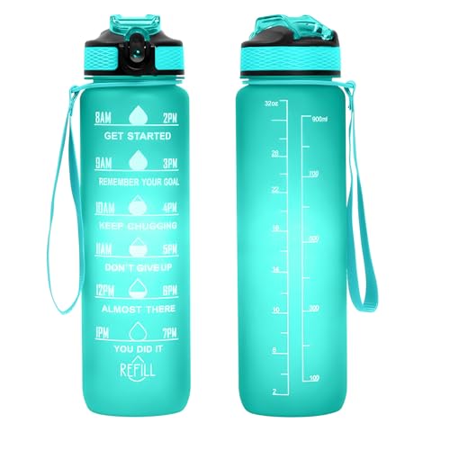 32 oz Motivational Water Bottle with Time Marker,Water Bottles with Times to Drink and Straw with Carrying Strap,Perfect For Fitness Gym Outdoor,BPA Free (Green) - color: Green