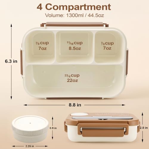 Bento Box Adult Lunch Box, Lunch Containers for Adults 44.5 Oz/5 Cup, Khaki | BPA-Free, Lid-Top Sauce Tray, Leak-Proof, 1300mL, Removable Silicone Sealing Ring, Lid-Top Utensil Slot with Included Cutlery - color: Khaki