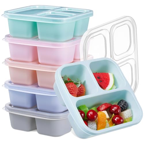 Honeydak 5 Pack Snack Containers 3 Compartment Bento Snack Boxes Divided Meal Prep Containers with Lids Reusable Adults Lunch Food Storage Box for School Work Travel(Macaroon) - color: Macaroon