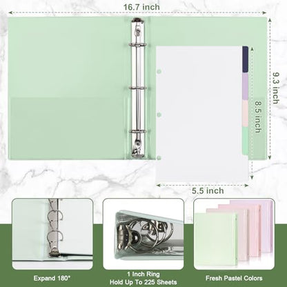 4 Pack Mini 3 Ring Binder 5.5 x 8.5 with 5 Dividers Tabs Cute Binders Organizer Junior Size Binder 1" Round Rings Holds Up to 225 Sheets for School Office A5 Size Paper (Beige&Green&Purple&Pink)