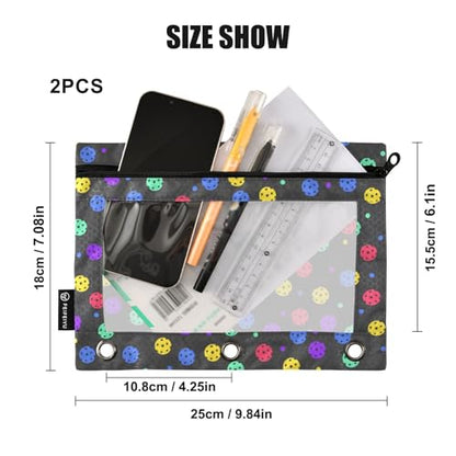 2 Pack 3 Ring Binder Pencil Pouch Colorful Pickleball Pencil Case Pencil Bags with Zipper, Clear PVC Binder Pockets for Office Daily Supplies - color: Color 17