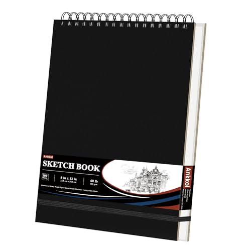 Ankkol 9x12 Sketch Book, Top Spiral Bound Sketchbook,100 Sheets_68lb/100gsm | Art Sketch Pad for Kids, Adults, Beginners, Artists, Acid-Free Sketch Paper, Thick Drawing Paper, Hardcover, Perforated Pages - color: Black, size: 9"x12" - 1 Pack