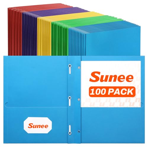 SUNEE 2 Pocket Folders with Prongs (100 Pack, 5 Colors), Paper Folders with 2 Pockets and 3 Prongs Fit Letter Size Paper, Folders with Prongs for School Office Home Business - color: Multicolored