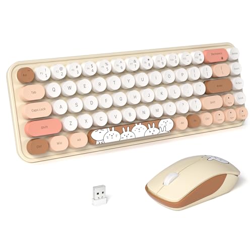 FOPETT Wireless Keyboard and Mouse Cute Mouse and Keyboard 2.4G Wireless Keyboards with Colorful 68 Keys Typewriter Retro Round Keycap for PC, Laptop,Tablet,Computer Windows - Milk Tea Colorful - color: I D Milk Tea Colorful