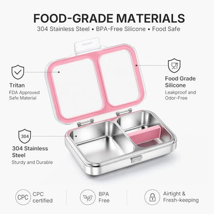 Leak-Resistant 18/8 Stainless Steel Bento Lunch Box Kids 7+ and Adults | 2 Swappable Style Accessories, BPA-Free Tritan Lid, Dishwasher Safe, School, Office & Travel - color: Pink