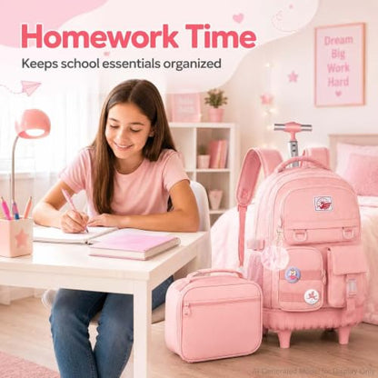 CCJPX Rolling Backpack for Girls Women, 21 inch Roller Wheels School Bookbag, Wheeled Suitcase Backpacks with Lunch Bag for Teen - Pink - color: Pink