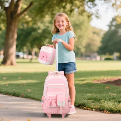 DIGOBAY Rolling Backpack for Girls, Cute Roller School Bag with Wheels, Kids Wheeled Backpacks Set with Lunch Bag Pencil Case for Teen Girls Kindergarten Elementary Middle School - color: Beige-pink