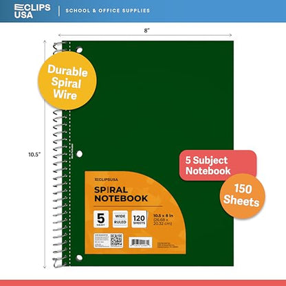 Spiral Notebook, 5 Subject Notebook, Wide Ruled Spiral Notebook, Spiral Notebook 8.5 x 11, Notebooks Bulk, School Supplies Bulk, Office Supplies Bulk, 2 Pocket Divider, 150 Sheets (5 Subject, 4 Pack)