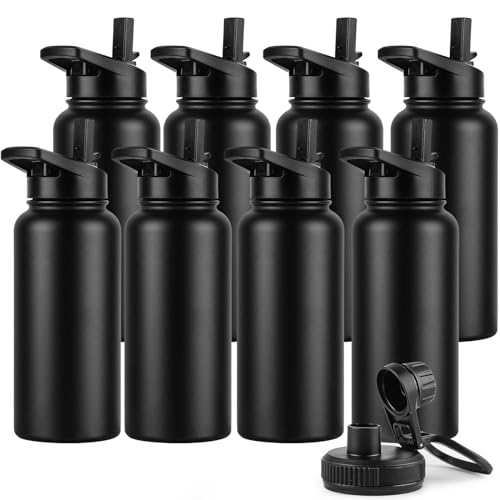DOMICARE 32 oz Insulated Water Bottle Bulk, Vacuum Insulated Stainless Steel Sports Water Bottle with Straw Lid & Spout Lid, Leakproof, Reusable - Travel, Camping, Bike, Black (8 Pack) - color: Black, size: 32oz/8 Pack