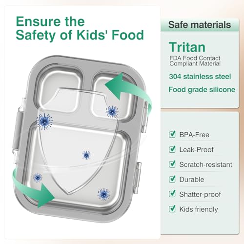 HOMEKOL Stainless Steel Bento Lunch Box, Grey, 3.3Cups | 3-Compartment,Leak-Proof, for Kids & Adults, BPA-Free, Dishwasher Safe, Clear Tritan Lid, 800ml (Not Insulated) - color: Gray, size: 27oz (800ml)