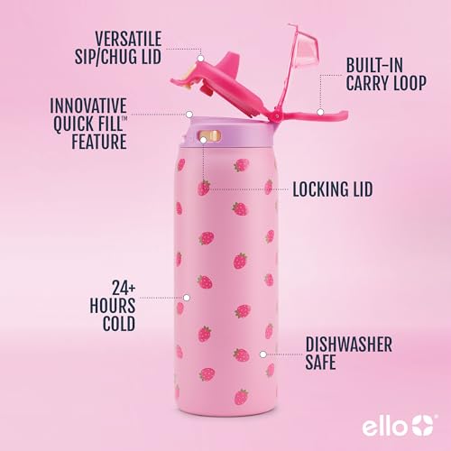 Ello Pop & Fill 18oz Stainless Steel Kids Water Bottle with Quick Fill Lid | Vacuum Insulated BPA Free Bottle with Leak Proof Straw and Chug Lid, Dishwasher Safe, Gift For Kids Teens, Strawberries - color: Strawberries, size: 18 Ounces
