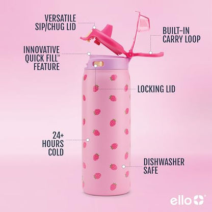Ello Pop & Fill 18oz Stainless Steel Kids Water Bottle with Quick Fill Lid | Vacuum Insulated BPA Free Bottle with Leak Proof Straw and Chug Lid, Dishwasher Safe, Gift For Kids Teens, Strawberries - color: Strawberries, size: 18 Ounces