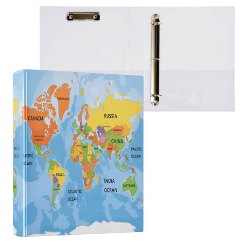 ALAZA 3 Ring Binder World Map Clipboard Round Ring Binder Holds 1.5 Inch Three Rings Binder Heavy Duty Binders for School Office Supplies, 1Pack - color: Multicolored 25