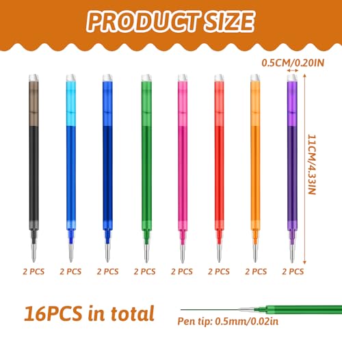 0.5 mm Erasable Gel Ink Pen Refills Compatible with Frixion Friction, 8 Colors Smooth Writing Multicolor Retractable Fine Point Pen Refill for School Office Home Art Drawing Writing and Planner (16)