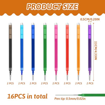 0.5 mm Erasable Gel Ink Pen Refills Compatible with Frixion Friction, 8 Colors Smooth Writing Multicolor Retractable Fine Point Pen Refill for School Office Home Art Drawing Writing and Planner (16)
