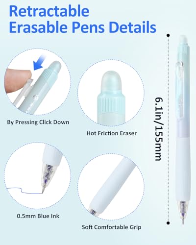 Solati Erasable Pens, 6 Pack Fine Point 0.5mm Blue Erasable Gel Pens with 360°Rotating Erasers, Make Mistakes Disappear, Comfort Grip for Drawing, Writing, Planning, and Crossword Puzzles (Blue Ink) - color: Blue Ink