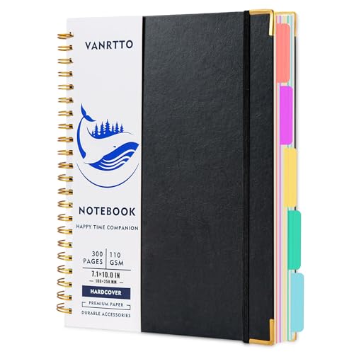 VANRTTO Hardcover 5 Subjects Spiral Notebook College Ruled Lined B5 Black | B5 Notebooks for Work 300 Pages Spiral Notebook 110 GSM College Ruled Journals, Hardcover Notebooks on Removable Divider Tabs - color: B5 BLACK, size: 8.0 x 10 IN B5