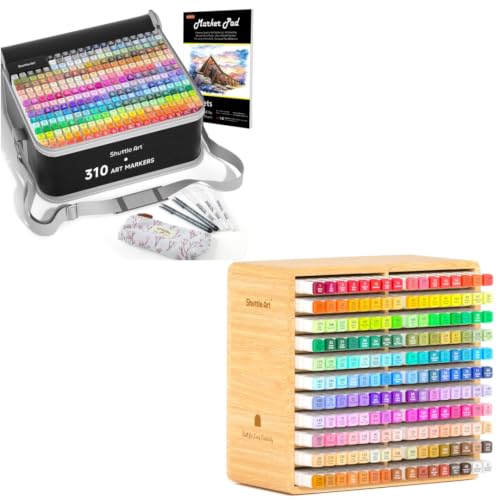 Shuttle Art 310 Color Alcohol Markers and Marker Organizer Bundle, 310 Colors Dual Tip Art Marker, Micro-tip Pens, White Highlighter Pens, Marker Bag and Organizer