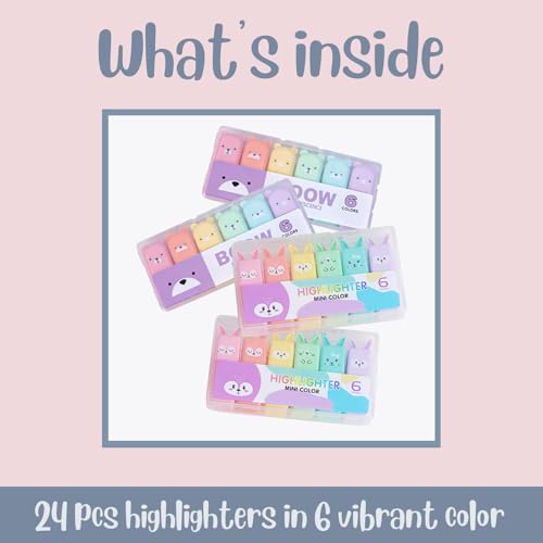 24 PCS Cute Mini Highlighters in 2 Style (Bear & Rabbit), Kawaii Highlighters for Kids & Adults, Small Multi Colored Highlighters Pastel Set