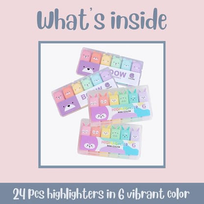 24 PCS Cute Mini Highlighters in 2 Style (Bear & Rabbit), Kawaii Highlighters for Kids & Adults, Small Multi Colored Highlighters Pastel Set