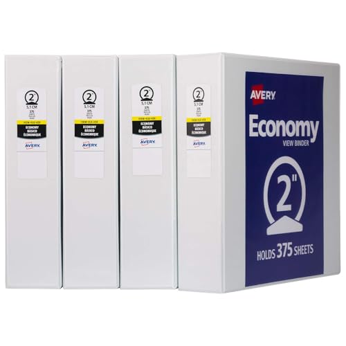 Avery Standard View 3 Ring Binders, 2" Round Rings, 375-Sheet Capacity, 2.8 Inch Wide Spine, White Binders, Ideal for Lightweight Organization and Occasional Referencing (4-Pack of 19202) - size: 2"