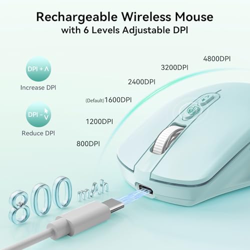 TECKNET Wireless Mouse Jiggler, Rechargeable Mouse with Built-in Mouse Mover, 6 Adjustable DPI & 14 LED Modes, Silent Click, Undetectable Random Movement Keeps Computer Awake for Laptop/PC/Mac- Green - color: Green