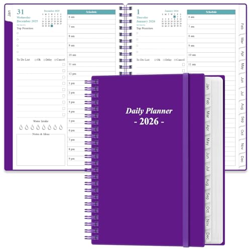Daily Planner 2026 Full Page Per Day- 2026 Daily & Monthly Planner from January 2026 to December 2026, Day Planner 2026 with 12 Months Tabs, 6.4" x 8,5", Purple - color: Purple, size: 6.4" x 8.5"