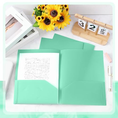 Gueevin 100 Pack Plastic Folder with Pockets, 2 Pocket Folders, Plastic Glossy Folders Fit Letter Size Paper, Heavy Duty Durable File Folder with Business Card for Home Office School (Light Green) - color: Light Green