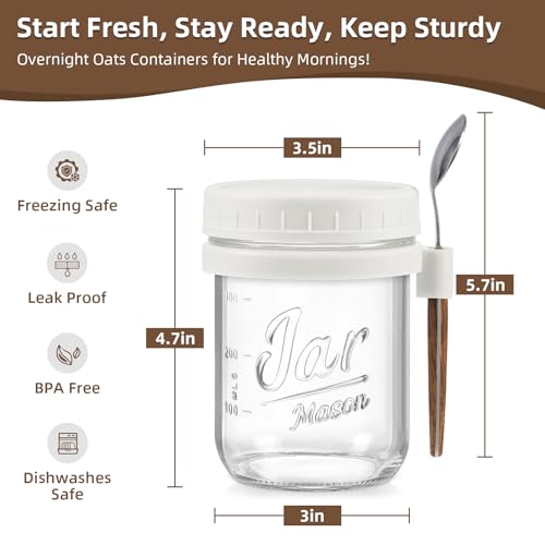 LANDNEOO 4 Pack Overnight Oats Containers with Lids and Spoons, 16 oz Glass Mason Jars with Airtight Lids, Overnight Oats Jars for Milk, Cereal, Fruit-White - color: White