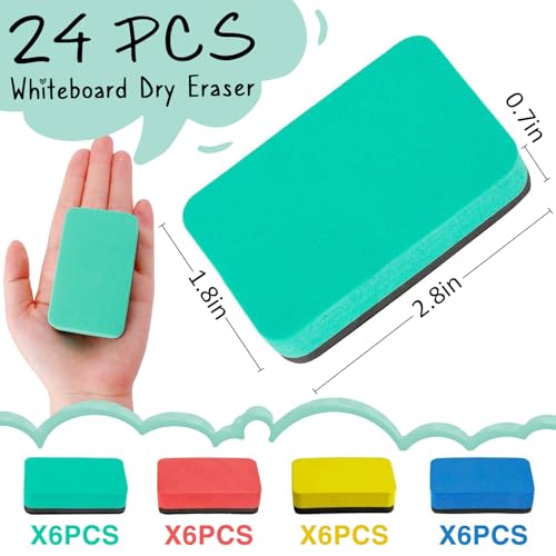 24Pcs Strong Magnetic Dry Erase Eraser, Classroom Must Haves, Rectangle | 4 Color Mini Whiteboard Eraser, Classroom Essentials for Kindergarten, Prek, Elementary, Office - style: Rectangle