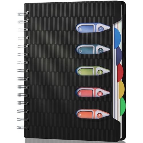 CAGIE 5 Subject Spiral Notebook with Dividers 5x7 | Small Notebook, College Ruled, 100 gsm, Notebooks with Tabs, for Work, School,Office, Note Taking, Black - color: Black, size: A5