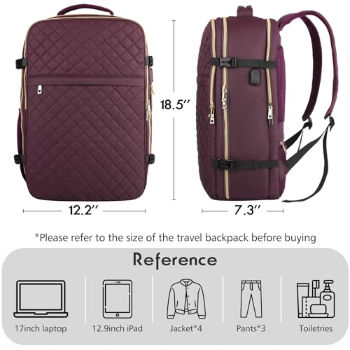 MOMUVO Large Travel Backpack Women, Flight Approved Carry On Backpack, Water Resistant Anti-Theft Large Casual Daypack Fit 17 Inch Laptop with USB Charging Port - color: Dark Purple, size: 17.3 inch