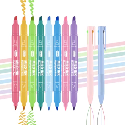 10 Pcs Aesthetic Highlighters and Gel Pens Set - 8 Colors Dual Tip Pastel Highlighters (Chisel & Fine Tips) & 2 Pcs 3-in-1 Multicolor Gel Pens for Journaling, School Supplies, Textbooks - size: 1 Count (Pack of 10)
