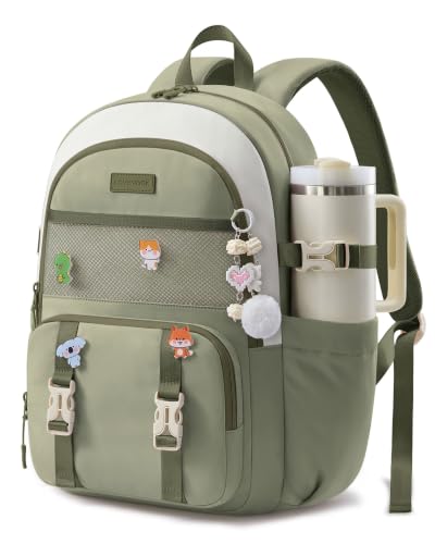 LOVEVOOK Cute School Backpack for Girls Ages 8-14, Lightweight Bookbag with Cartoon Charms & Pins, Back to School Backpack for Elementary & Middle School, Fits 15.6 Inch Laptop and 40oz Tumbler - color: Off-white & Green, size: 15.6 Inch