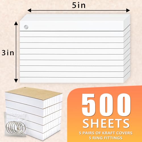 500PCS White Index Cards, 3x5 Inches Flash Cards with Ring, Lined on Both Side Notecards Ruled Study Card Flashcards Heavy Note Cards for Studying, Learning, School, College - size: 3x5(white）