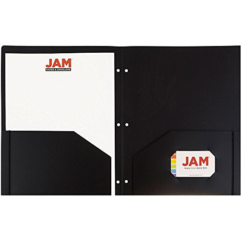JAM PAPER Heavy Duty Plastic 3 Hole Punch Pocket Folders - Extra Tough School Folders - Black - 6/Pack - color: Black, size: 6 Per Pack