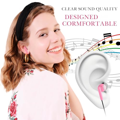 Kanayu 100 Pack Wired Earbuds Bulk for Classroom Ear Headphones Wired Basic Student Earbuds No Microphone with 3.5MM Jack for Class Laptop School Library, Individually Bagged (Pink) - color: Pink
