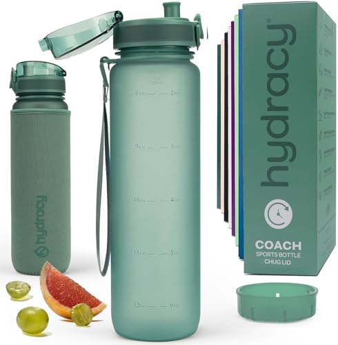 Hydracy Water Bottle with Time Marker & Fruit Infuser - BPA Free - 32 oz | Leak Proof Gym Bottle with times to drink and no sweat Sleeve - Ideal for Fitness Sports & Outdoors - color: Moonlight Green, size: 32 Ounces