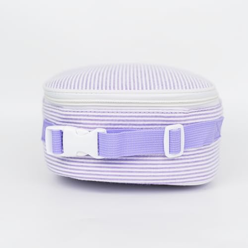 MT WORLD Personalized Lunch Bag Tote Custom Embroidery Name Reusable Seersucker Stripe Pattern Insulated Lunch Box - color: Purple