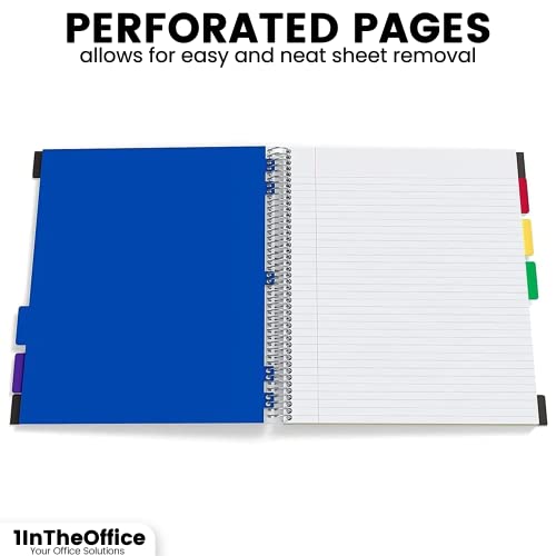 1InTheOffice 5 Subject Notebook with Dividers, Spiral Notebook with Tabs, Poly Cover College Ruled Notebook 8.5" x 11, Black, 150 Sheets
