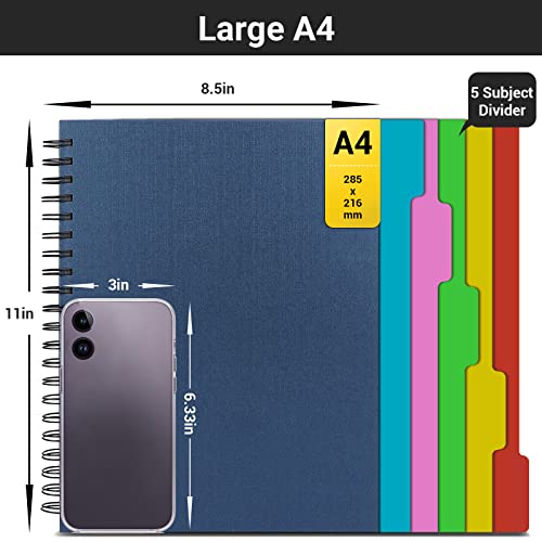 EUSOAR 5 Subject Notebook, 1pcs A4 11" x8-1/2 Spiral College Ruled Writing Pad, 100GSM 120Sheets/ 240Pages of Lined Paper, Thick Hardcover, for Journal Students, Office and Business, Royal Blue - color: Royal Blue, size: A4-1Pack