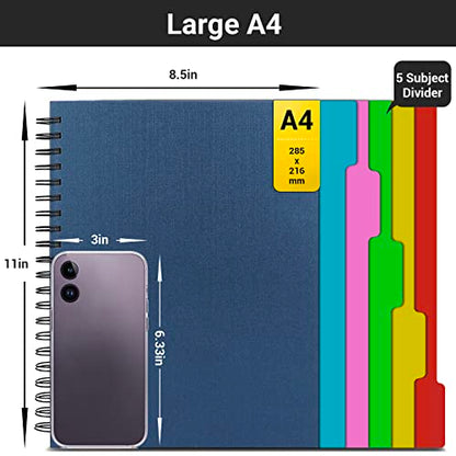 EUSOAR 5 Subject Notebook, 1pcs A4 11" x8-1/2 Spiral College Ruled Writing Pad, 100GSM 120Sheets/ 240Pages of Lined Paper, Thick Hardcover, for Journal Students, Office and Business, Royal Blue - color: Royal Blue, size: A4-1Pack