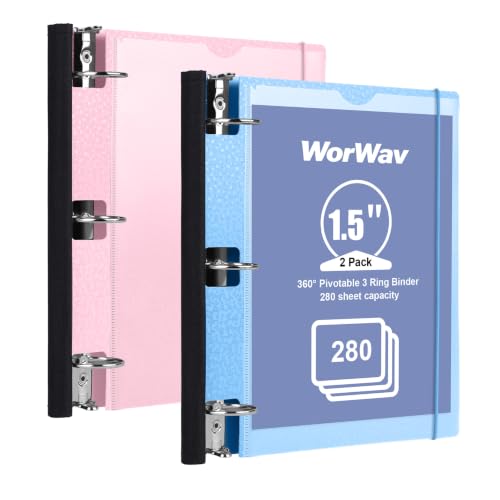 2 Pack 1.5-inch 3 Ring Binder, 360° Pivotable Foldable Binders | 3 Pockets,Customizable Cover, Holds 280 Sheets, Expandable Flexible Binder for School or Office Supplies, Blue & Pink - color: Blue+pink, size: 1.5 Inch
