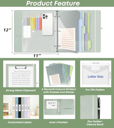 2 Inch 3 Ring Linen Binder Organizer, BVSSX Three Ring Binders with Clipboard, Plastic Folder, 5-Tabs Pocket Dividers with Sticker Labels, Pen Loop, Elastic Strap (Sauge, Letter Size) - color: Sauge, size: 2in（Letter Size）