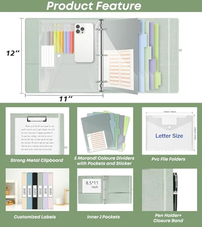 2 Inch 3 Ring Linen Binder Organizer, BVSSX Three Ring Binders with Clipboard, Plastic Folder, 5-Tabs Pocket Dividers with Sticker Labels, Pen Loop, Elastic Strap (Sauge, Letter Size) - color: Sauge, size: 2in（Letter Size）
